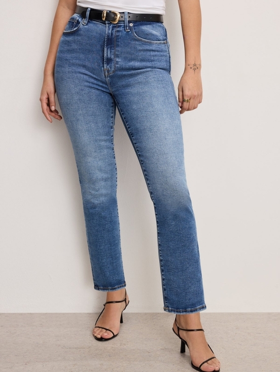Good American Denim - Good American Straight-Leg high rise midwashed indigo Jeans